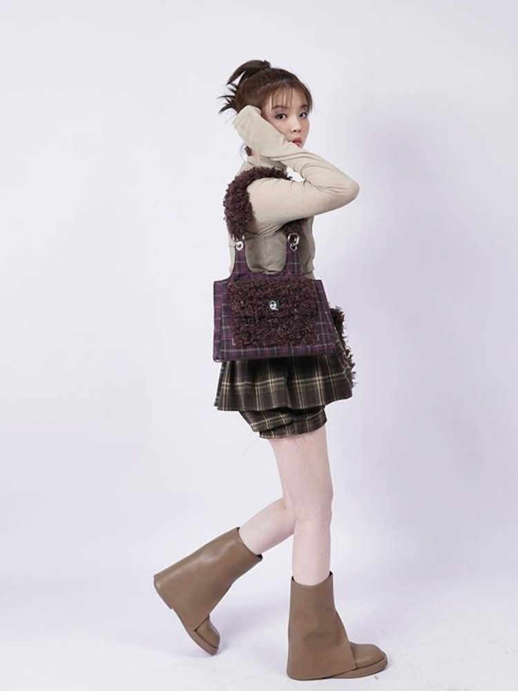 Crossbody Plaid Contrast Color Furry Bag【s0000003667】 