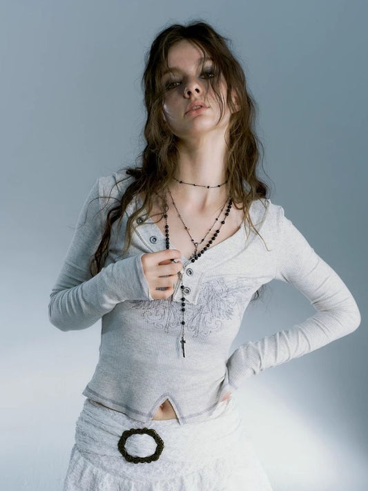 Original print V-neck long sleeve T-shirt【s0000004092】