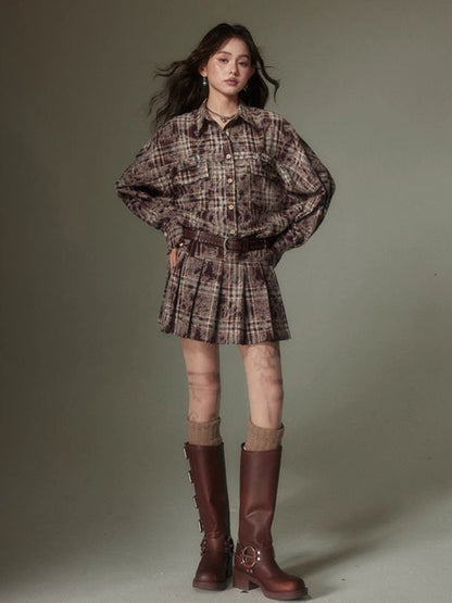 Contrast plaid shirt + pleated skirt【s0000003967】