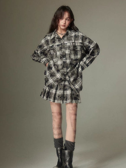 Contrast plaid shirt + pleated skirt【s0000003967】