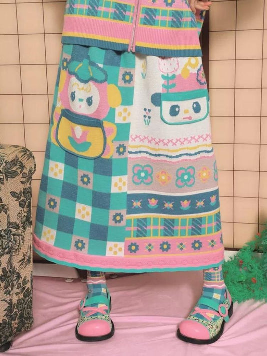 Plaid Pocket Clash Knit Jacquard Vintage Half Skirt【s0000006114】