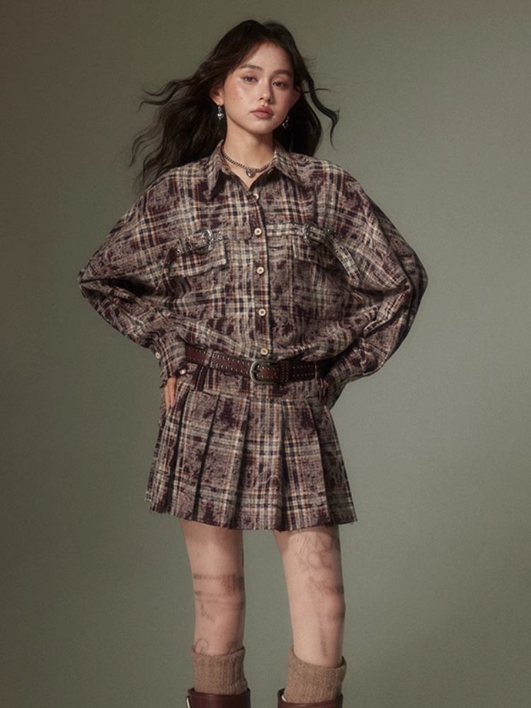 Contrast plaid shirt + pleated skirt【s0000003967】