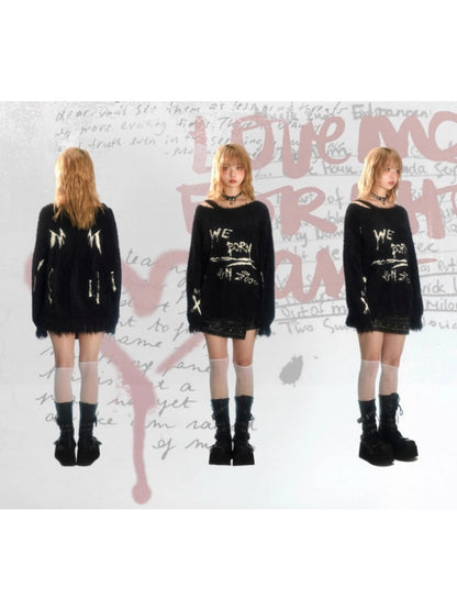 Punk Graffiti Jacquard Mink Lazy Pullover Sweater Black [s0000003881]