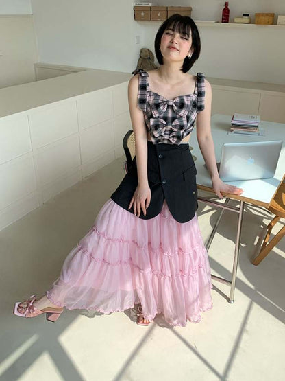 Cherry Blossoms Splice Mesh Volume Tiered Skirt【s0000007374】