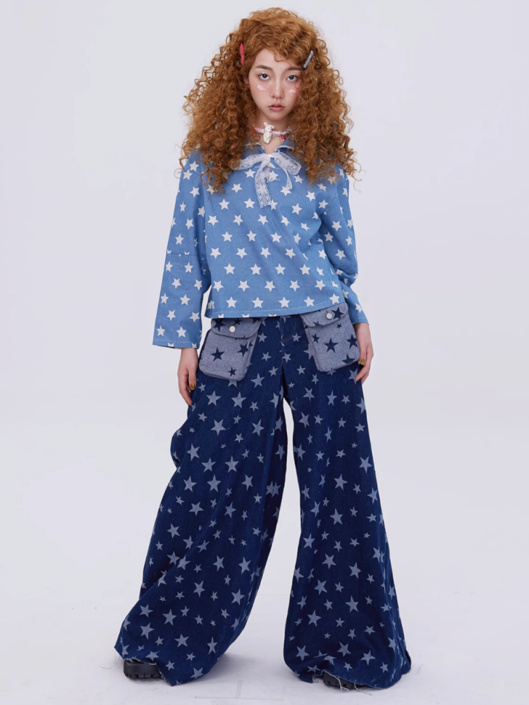 Retro Cute Y2K Star Pattern Wide Leg Loose Mop Jeans Pants [s0000003179]