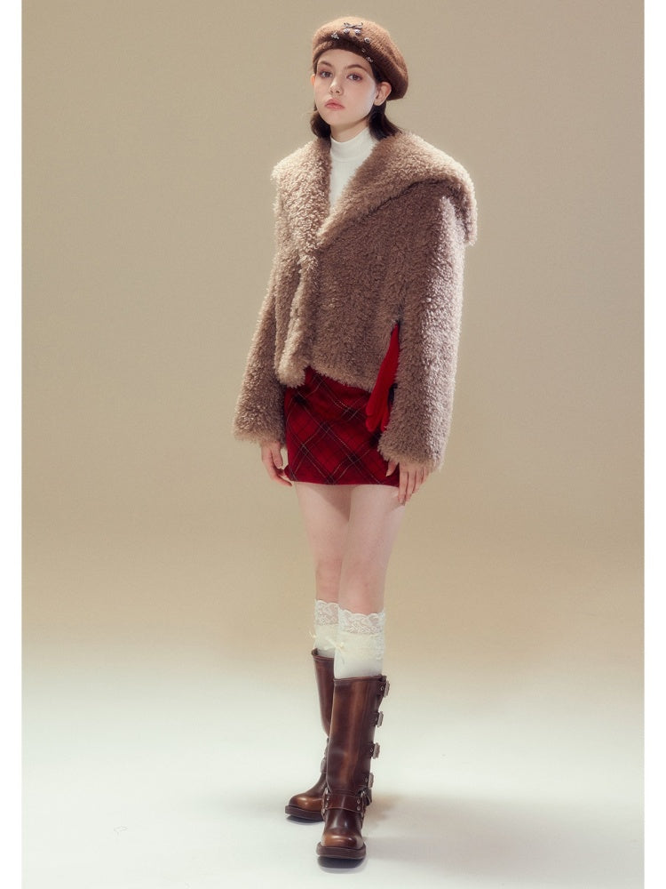 Sailor Collar Boa Coat &amp; Plaid Tight Mini Skirt【s0000004359】