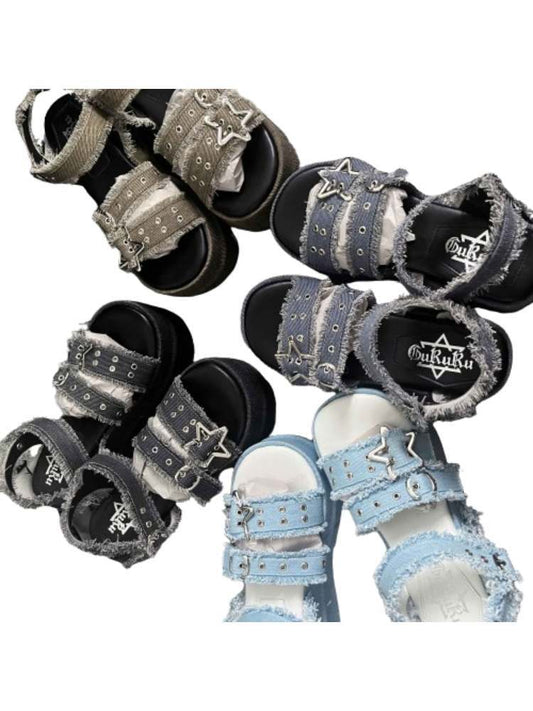 Y2K Punk Star Denim Eyelet Belt Super Thick Sole Sandals【s0000008554】
