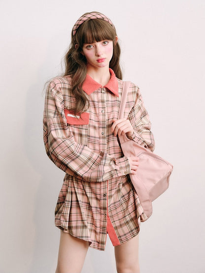 Loose Plaid Shirt & Pleated Mini Skirt【s0000003852】