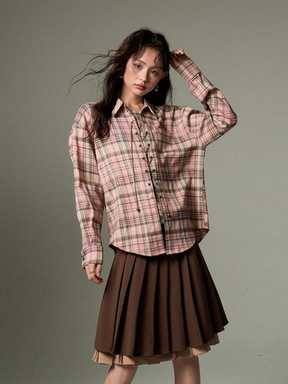 Casual Lace-Up Strap Retro Plaid Loose Shirt【s0000003198】