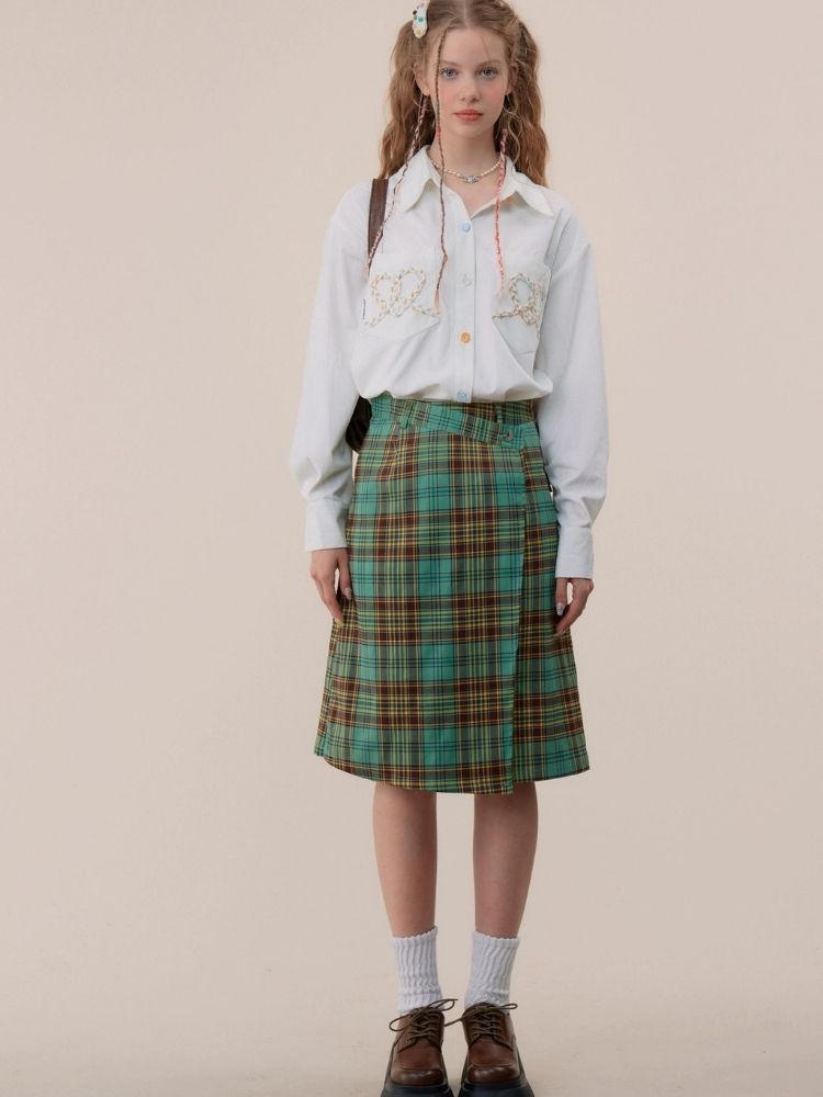 High waist slim green plaid skirt【s0000003118】