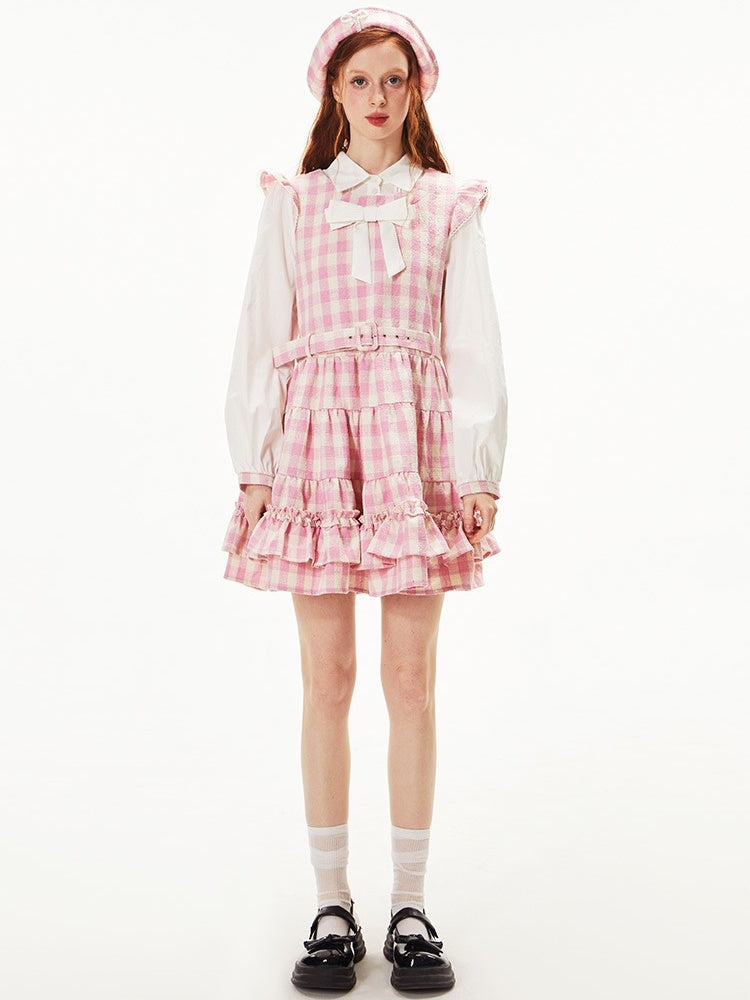 Gingham Check Ruffle Apron Dress &amp; Hat【s0000003541】