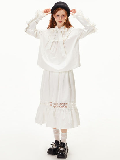 Ruffled Ribbon Shirt &amp; Splicing Lace Skirt【s0000003552】