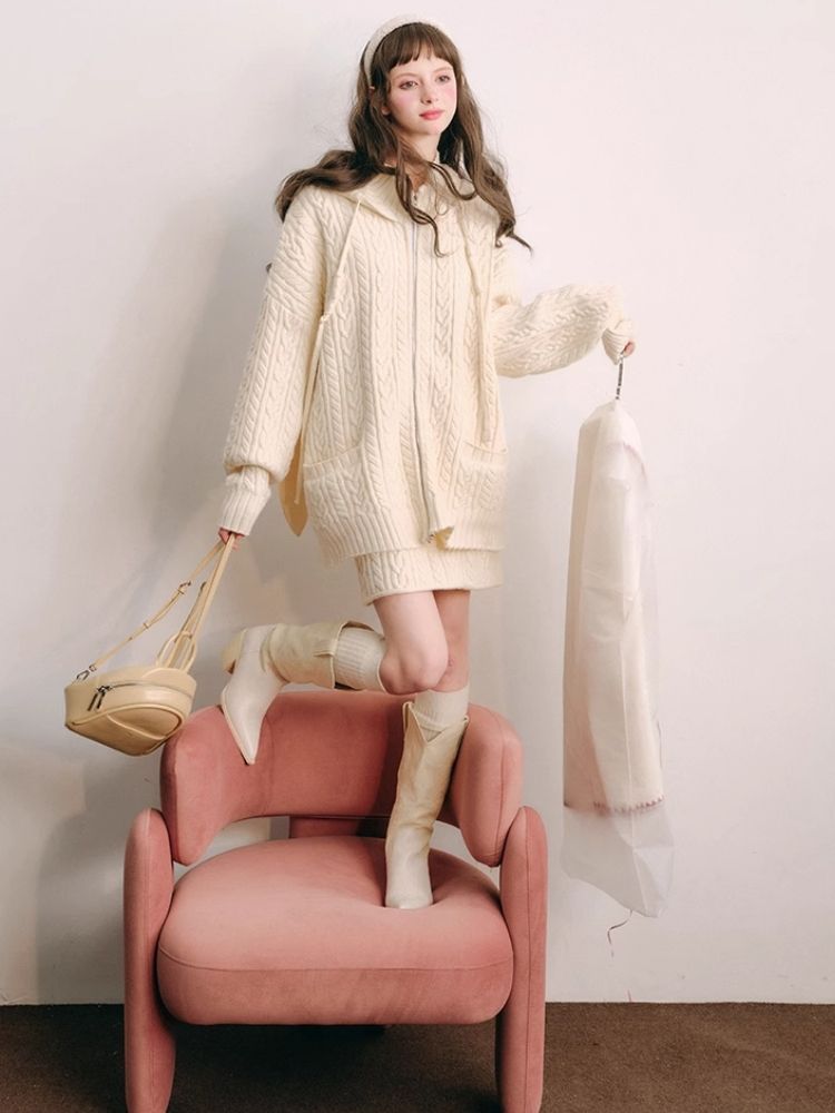 Fluffy Rabbit Ears Hooded Knit Cardigan Set 【s0000004447】