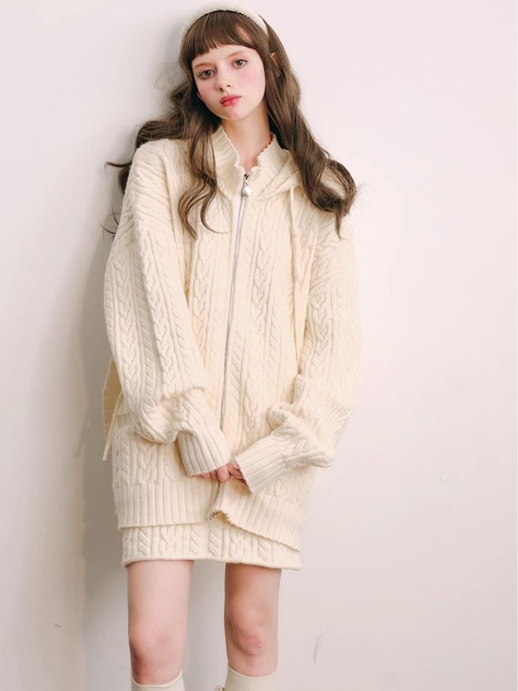 Fluffy Rabbit Ears Hooded Knit Cardigan Set 【s0000004447】