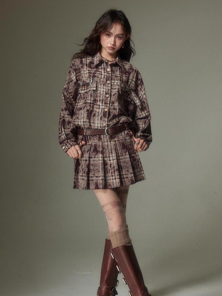 Contrast plaid shirt + pleated skirt【s0000003967】