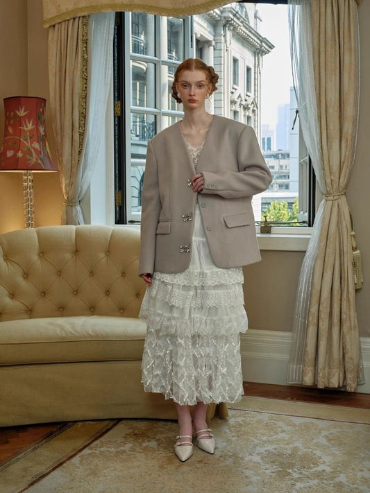 V-Neck Diamante Button High-Level Coat【s0000005442】