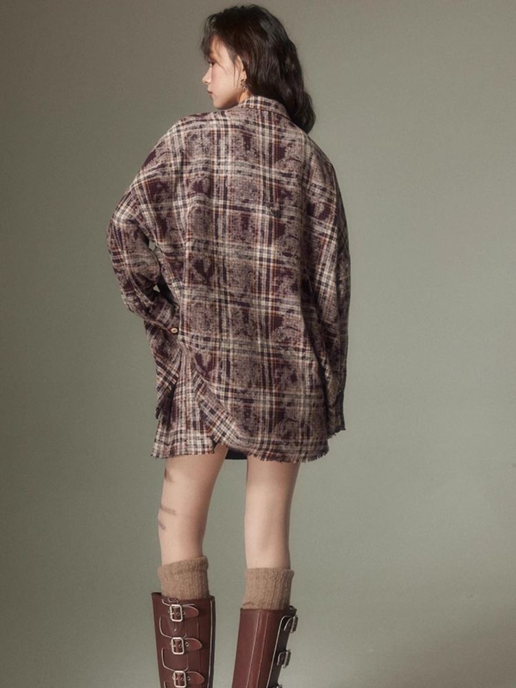 Contrast plaid shirt + pleated skirt【s0000003967】