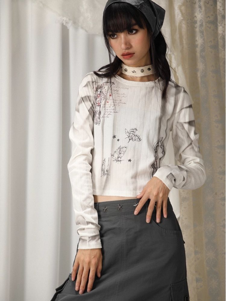 NCAVE 23AW textured seal flower long sleeves Japanese design sense small 众斷闲圆领正shoulder woman t 恤