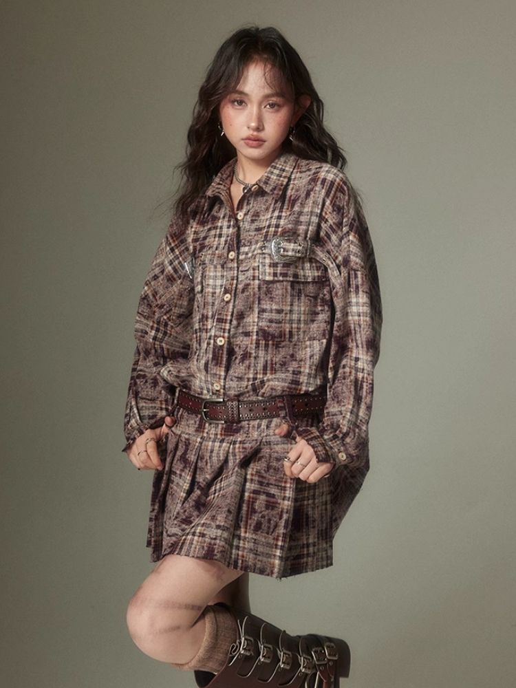 Contrast plaid shirt + pleated skirt【s0000003967】