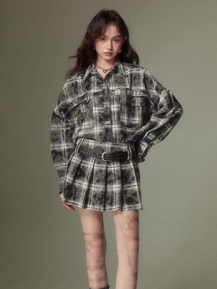 Contrast plaid shirt + pleated skirt【s0000003967】