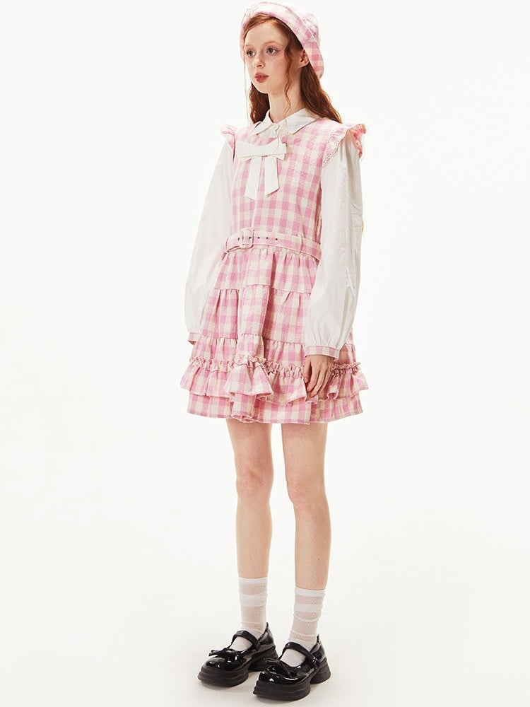 Gingham Check Ruffle Apron Dress &amp; Hat【s0000003541】