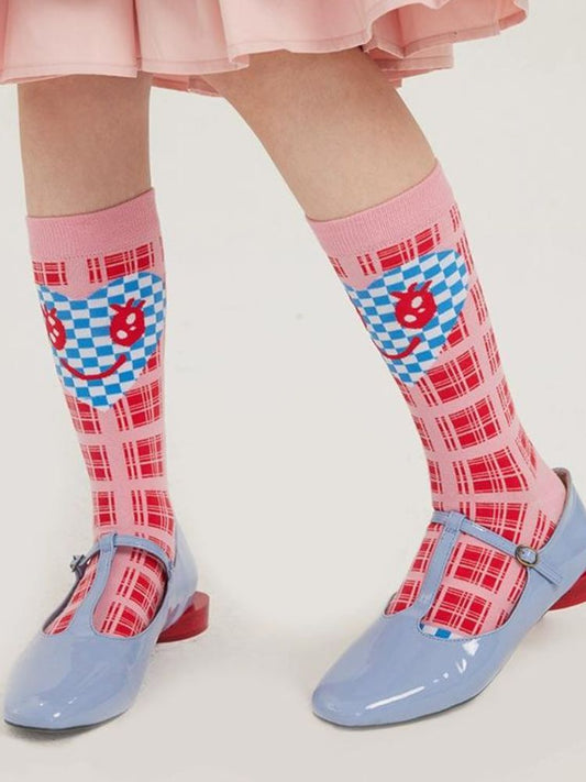 Pink plaid love smiley checkerboard socks【s0000002093】 