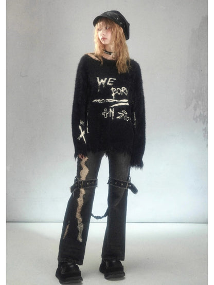 Punk Graffiti Jacquard Mink Lazy Pullover Sweater Black [s0000003881]