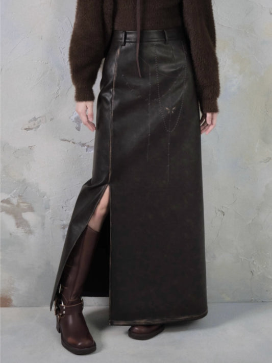 Embroidered Side Slit PU Leather Skirt【s0000004395】