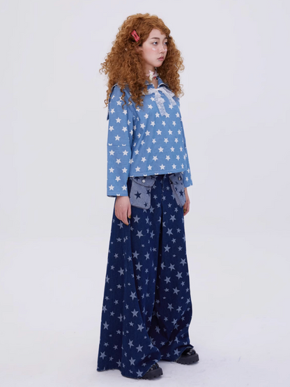 Retro Cute Y2K Star Pattern Wide Leg Loose Mop Jeans Pants [s0000003179]