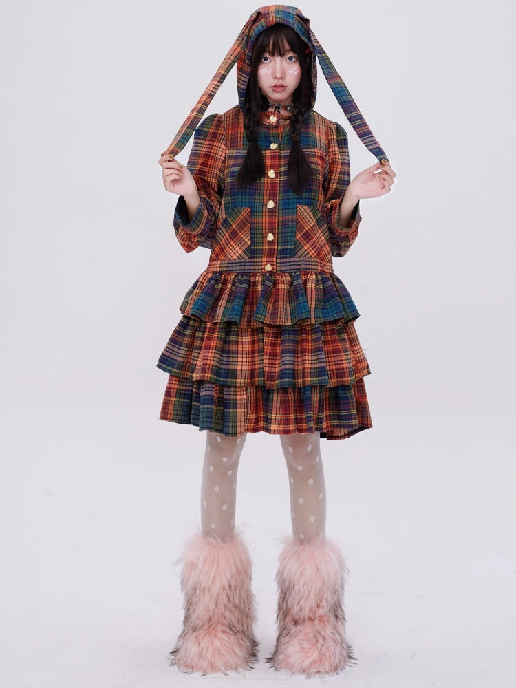 Retro Cute Fluffy Cake Rabbit Ear Plaid Dress【s0000003184】