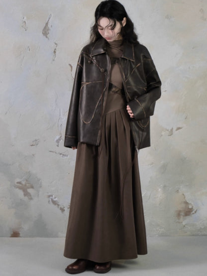 Butterfly PU Leather Loose Jacket &amp; Slit Maxi Skirt【s0000004388】