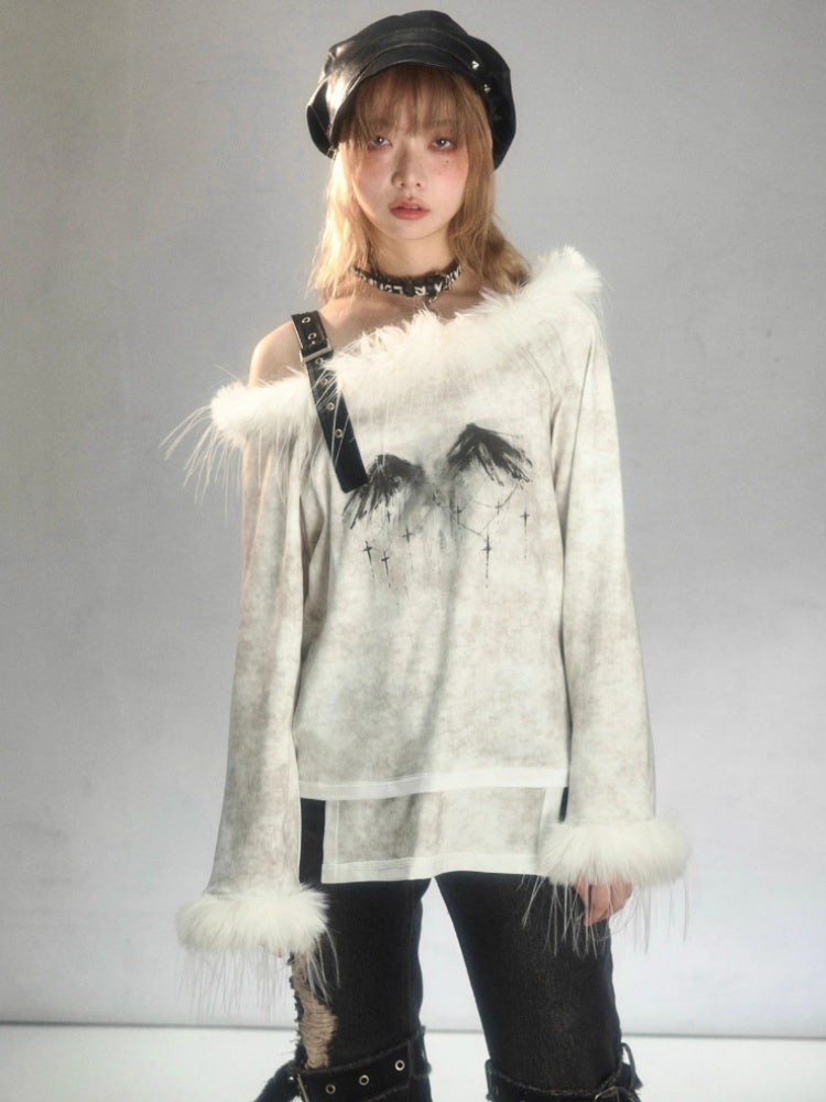 Punk Fur Suspender Belt Off Shoulder Feather Print T-Shirt【s0000003877】