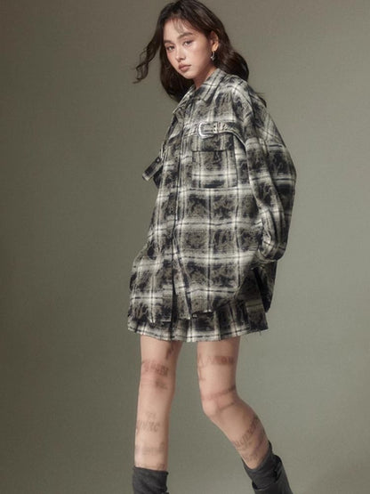 Contrast plaid shirt + pleated skirt【s0000003967】