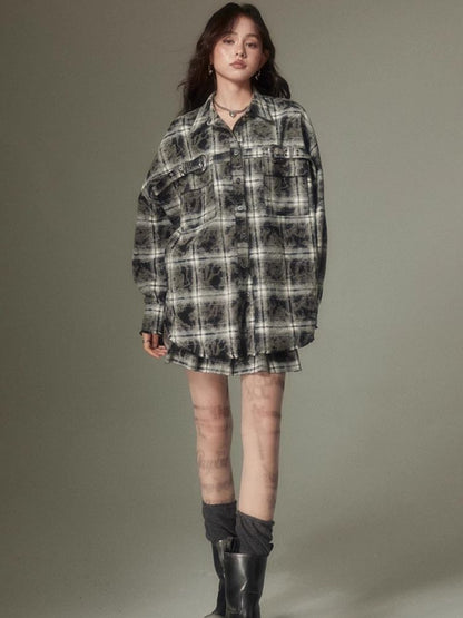 Contrast plaid shirt + pleated skirt【s0000003967】