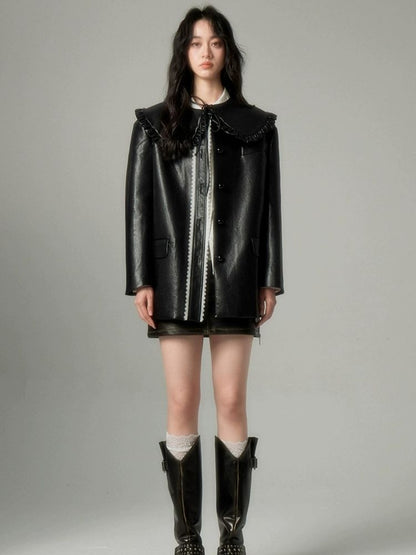 Black Leather Coat Jacket【s0000004850】