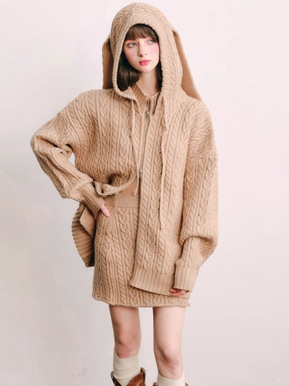 Fluffy Rabbit Ears Hooded Knit Cardigan Set 【s0000004447】