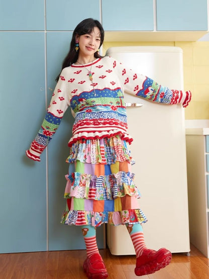 Striped patchwork vintage ruffled fluffy skirt 【s0000004510】