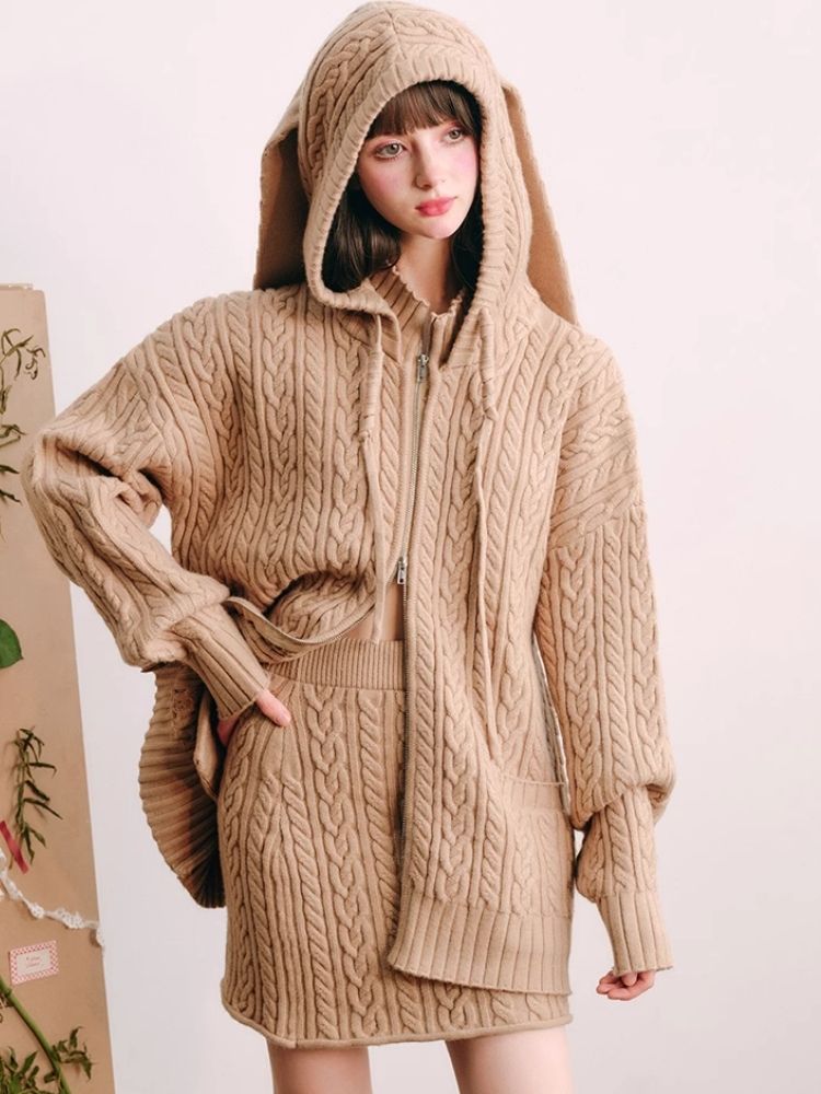 Fluffy Rabbit Ears Hooded Knit Cardigan Set 【s0000004447】