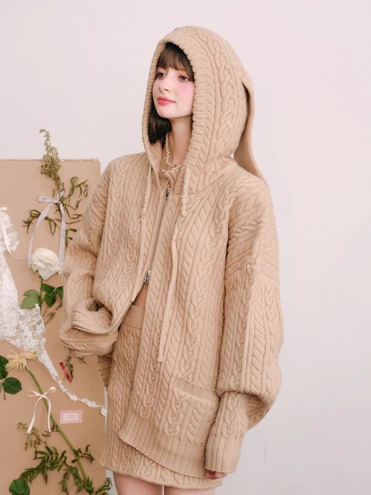 Fluffy Rabbit Ears Hooded Knit Cardigan Set 【s0000004447】