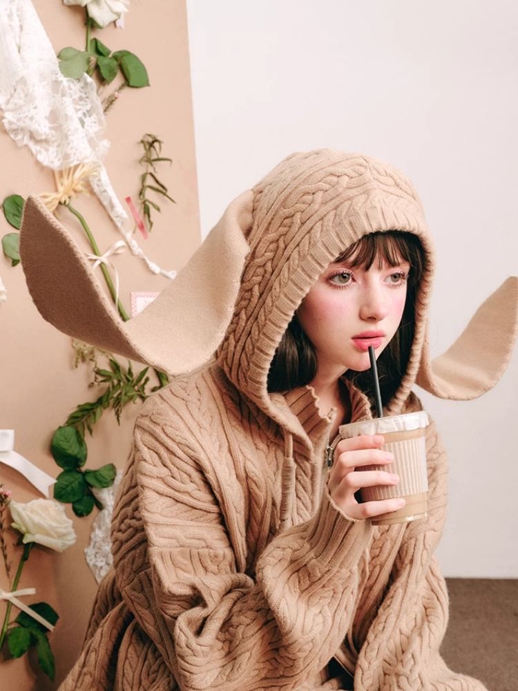 Fluffy Rabbit Ears Hooded Knit Cardigan Set 【s0000004447】