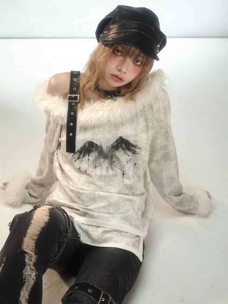 Punk Fur Suspender Belt Off Shoulder Feather Print T-Shirt【s0000003877】