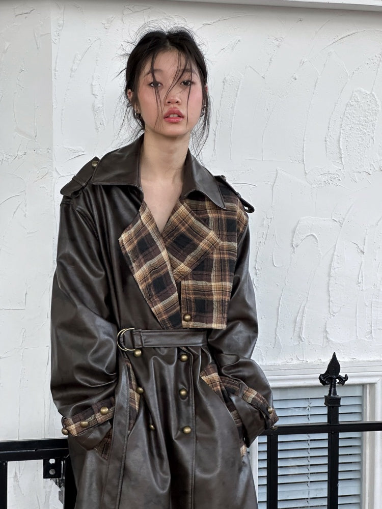 Plaid Splicing PU Leather Double Breasted Long Jacket【s0000004160】