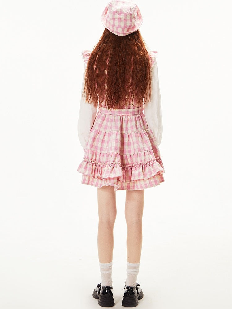 Gingham Check Ruffle Apron Dress &amp; Hat【s0000003541】