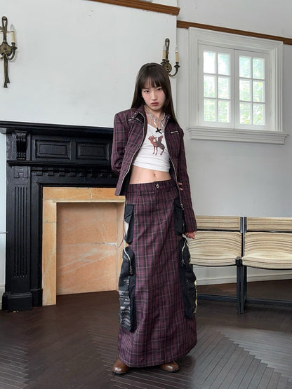 Plaid Zipper Short Jacket &amp; Patch Pocket Long Skirt【s0000003884】