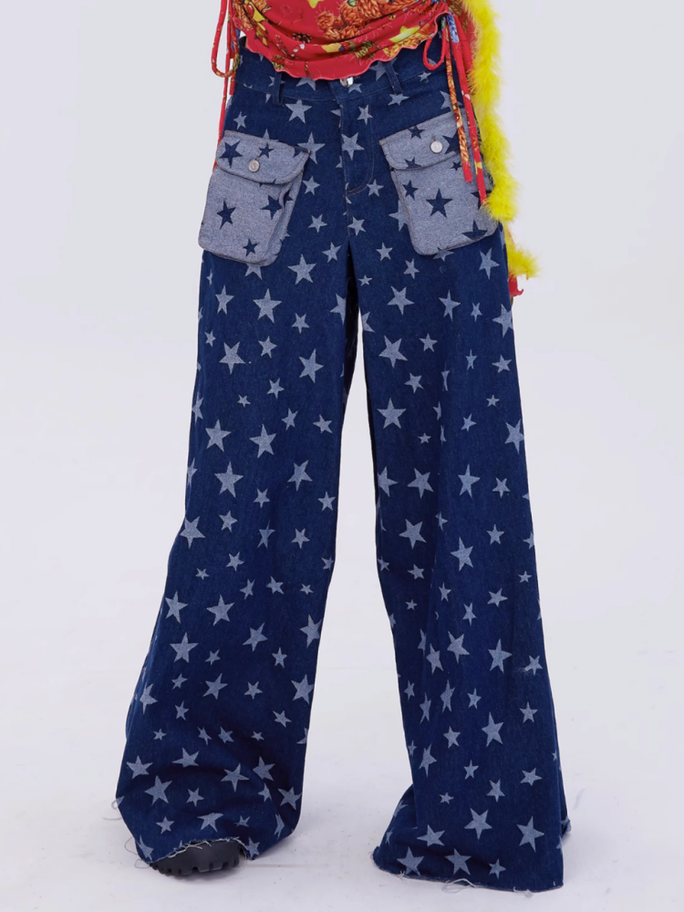 Retro Cute Y2K Star Pattern Wide Leg Loose Mop Jeans Pants [s0000003179]