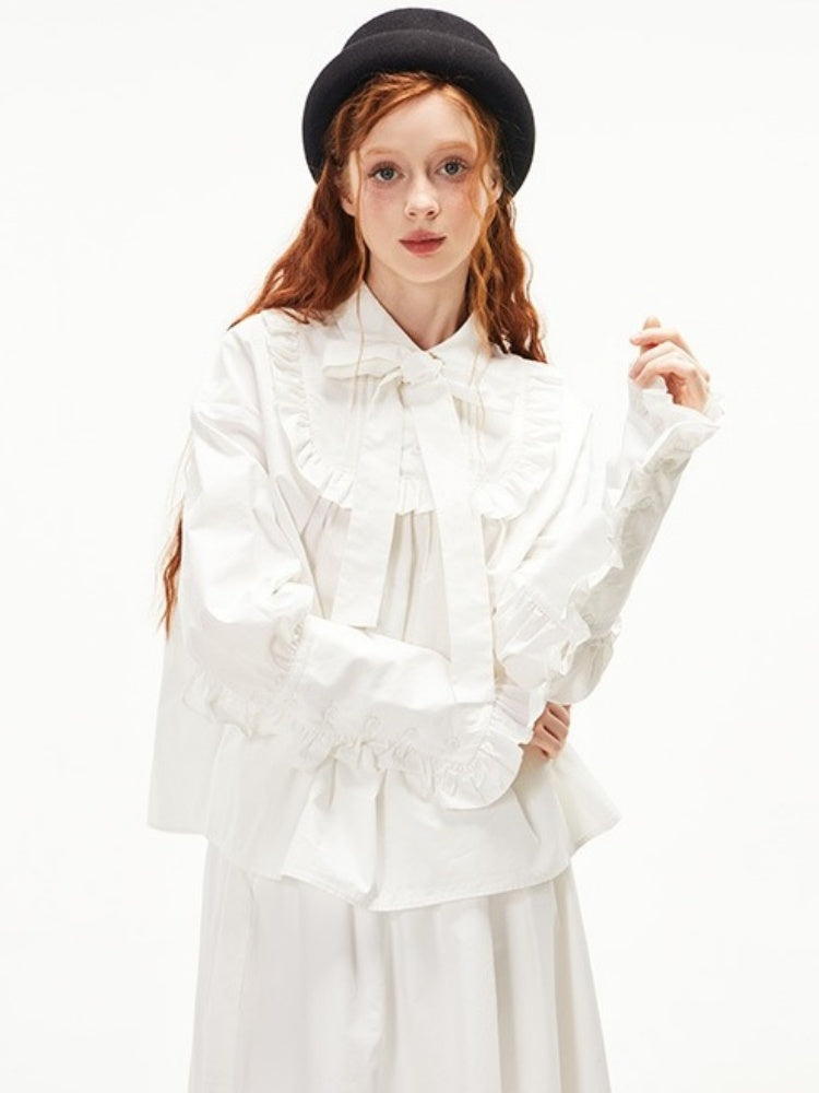 Ruffled Ribbon Shirt &amp; Splicing Lace Skirt【s0000003552】