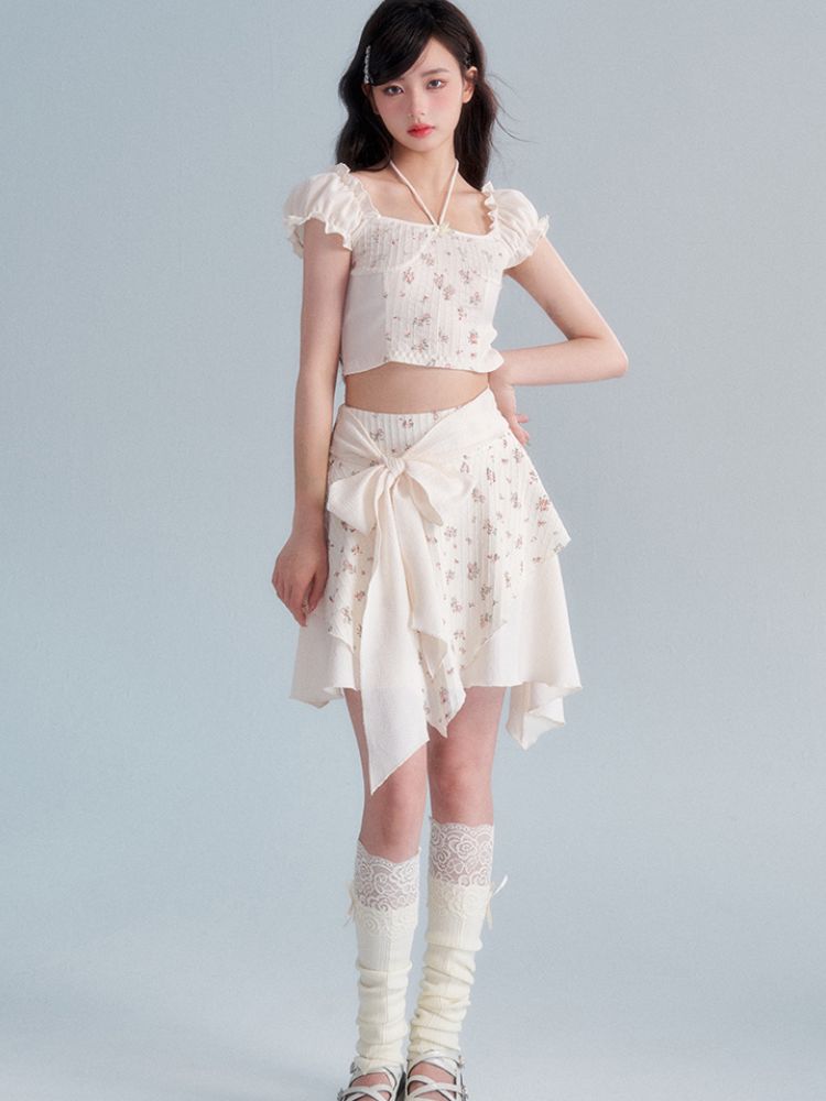 Retro Cream Floral Top / Bow Knot Skirt Set [s0000002006]