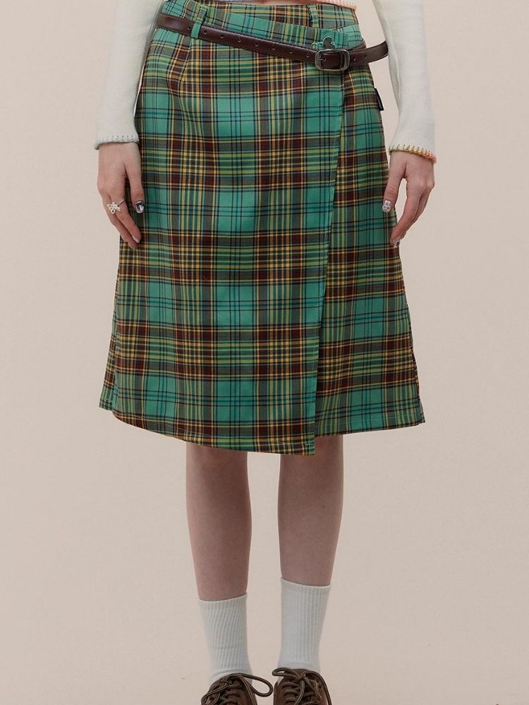 High waist slim green plaid skirt【s0000003118】