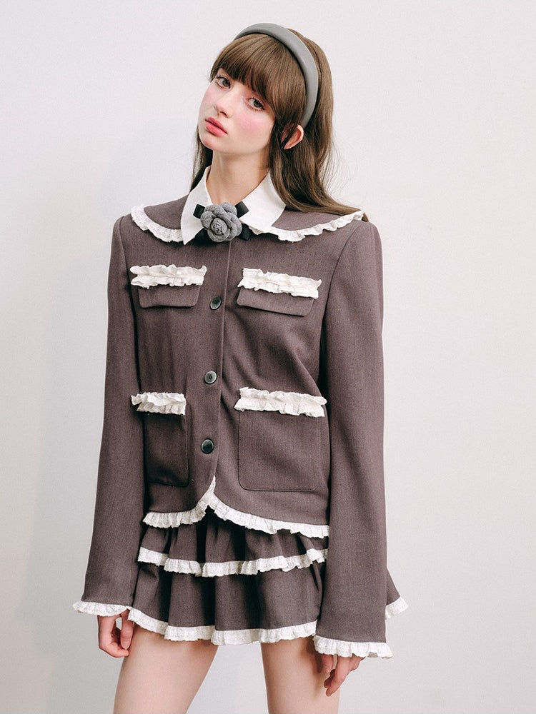 Lace Stitch College Taste Jacket &amp; Puffy Mini Skirt【s0000003853】