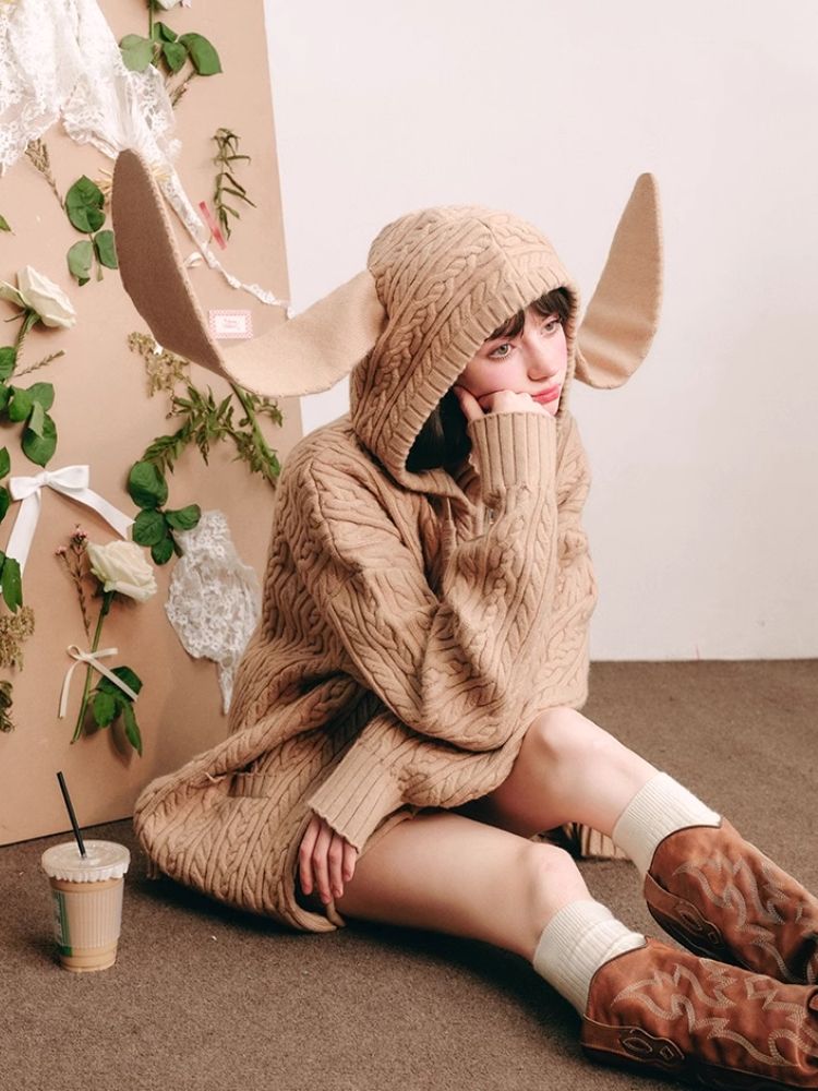 Fluffy Rabbit Ears Hooded Knit Cardigan Set 【s0000004447】